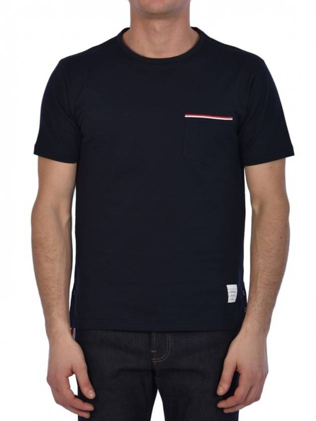 Men's Medium Weight Jersey Tipped Pocket Crewneck Short Short Sleeve T-Shirt Navy - THOM BROWNE - BALAAN 3