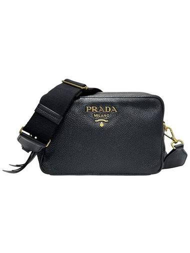 1BH089 Black leather Vitello gold lettering camera cross bag - PRADA - BALAAN 1