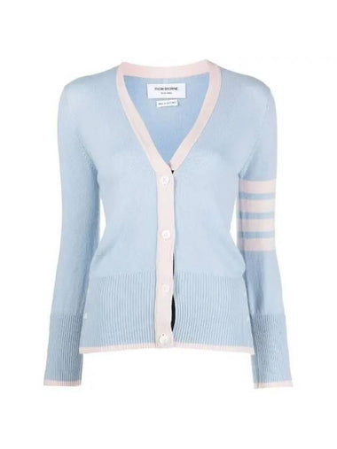 4Bar Stripe V Neck Cashmere Cardigan Light Blue - THOM BROWNE - BALAAN 1