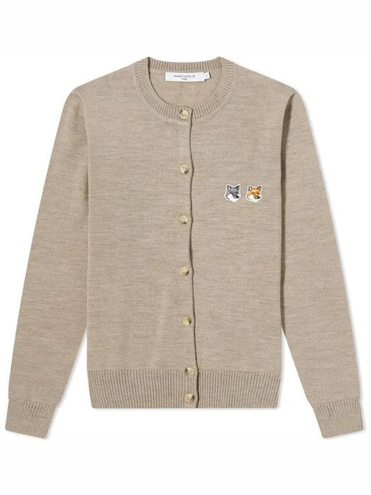 Double Fox Head Patch Round Neck Cardigan Beige Melange - MAISON KITSUNE - BALAAN 2