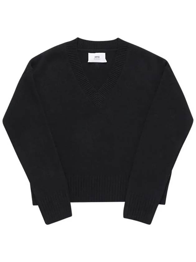 Crop Wool Cashmere Blend Knit Top Black - AMI - BALAAN 5