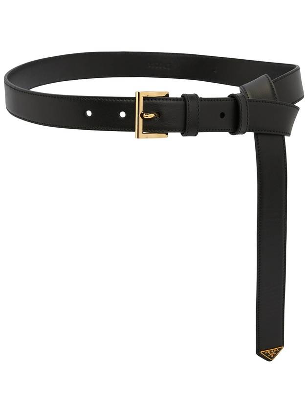 Women's Gold Triangle Logo Leather Belt Black - PRADA - BALAAN 3