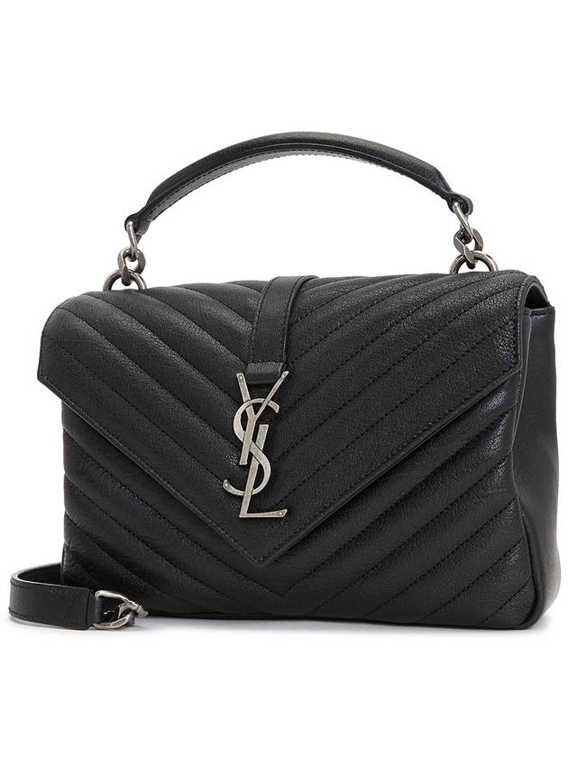 Silver Monogram College Medium Chain Crossbody Bag in Matelasse Leather Black - SAINT LAURENT - BALAAN 3