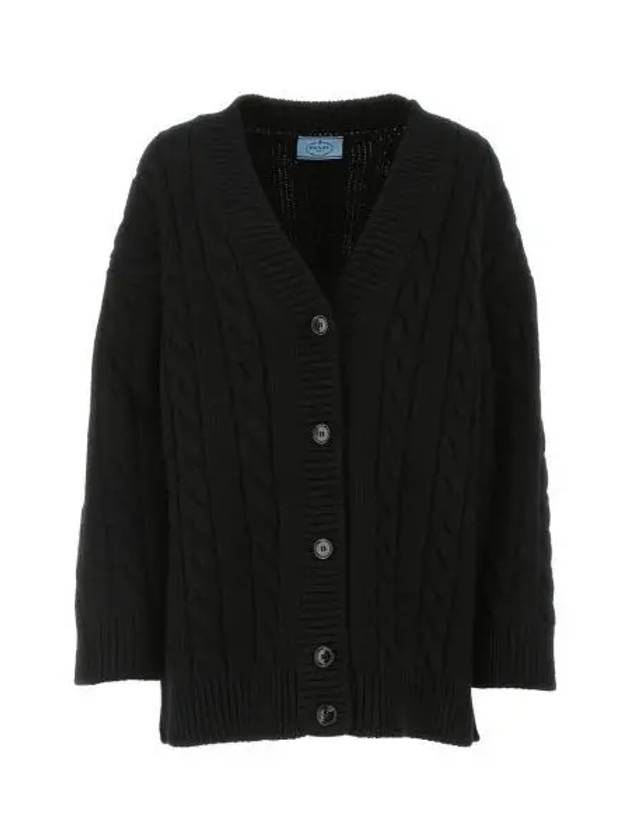 Women's V-neck Wool Cashmere Cardigan Black - PRADA - BALAAN 2