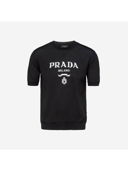 Superfine Crew Neck Wool Knit Top Black - PRADA - BALAAN 1