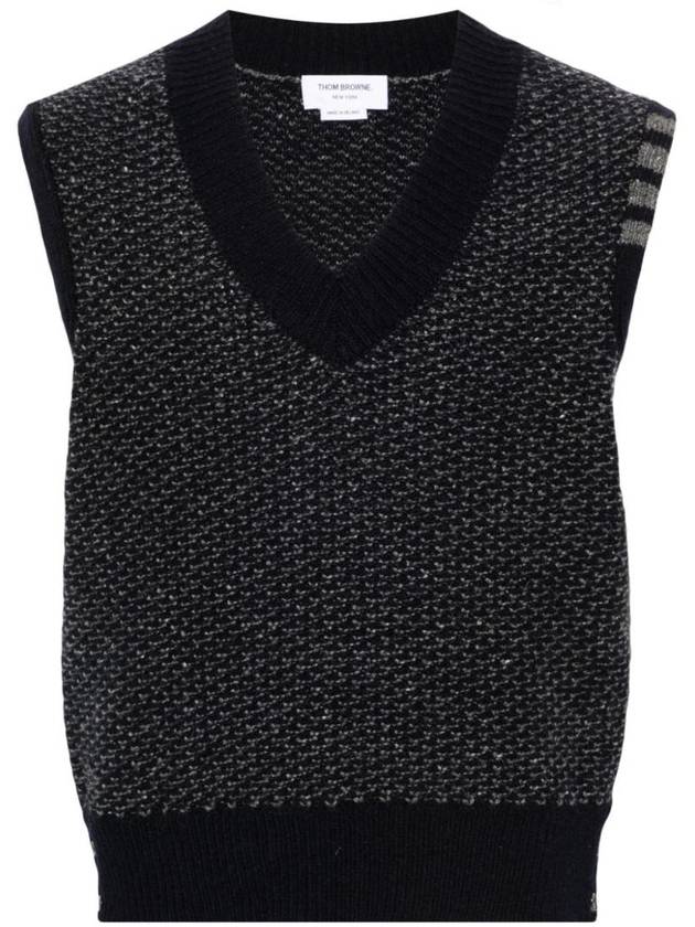 Mohair Tweed 4-Bar V Neck Vest Navy - THOM BROWNE - BALAAN 1