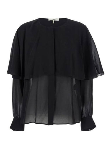 Women's Collarless Cape Overlay Silk Shirt Black - CHLOE - BALAAN 1