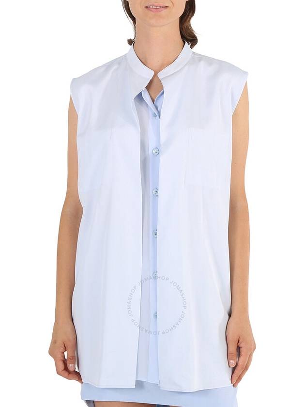 Burberry Ladies Pale Blue Suziesl Logo Detail Sleeveless Silk Crepe De Chine Shirt, Brand Size 8 (US Size 6) - BURBERRY - BALAAN 1