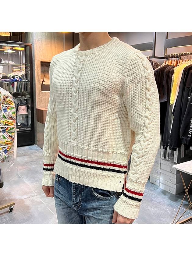 Men's Cable Stitch Merino Striped Wool Knit Top White - THOM BROWNE - BALAAN 4