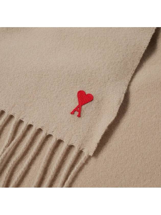 Small Heart Logo Classic Wool Fringe Scarf Beige - AMI - BALAAN 6