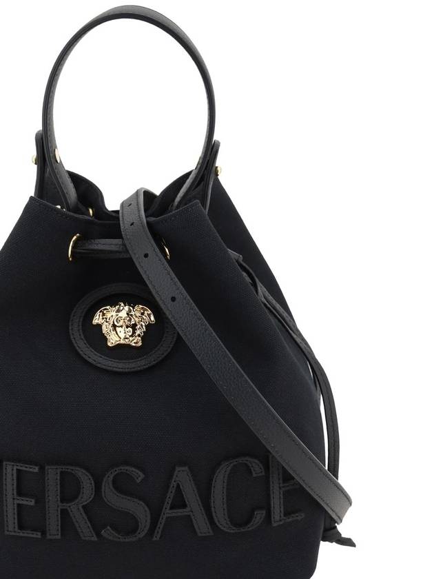 'La Medusa' Black Bucket Bag With Maxi Logo Lettering And Medusa Motif In Canvas Woman - VERSACE - BALAAN 1