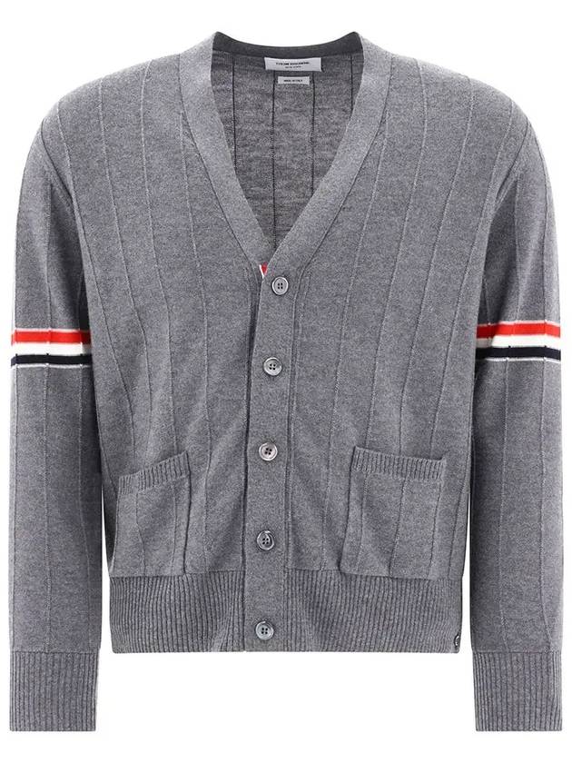 RWB V-neck Striped Virgin Wool Cardigan Grey - THOM BROWNE - BALAAN 2