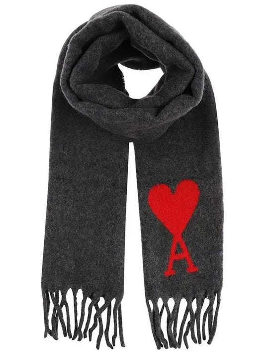 Heart Logo Oversized Wool Fringe Scarf Dark Grey - AMI - BALAAN 2