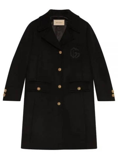 Women's Double G Embroidery Wool Single Coat Black - GUCCI - BALAAN 2