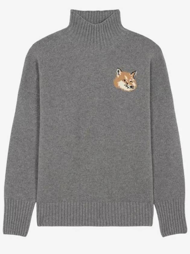 Men's Fox Head Patch Oversized Wool Turtleneck Grey - MAISON KITSUNE - BALAAN 2