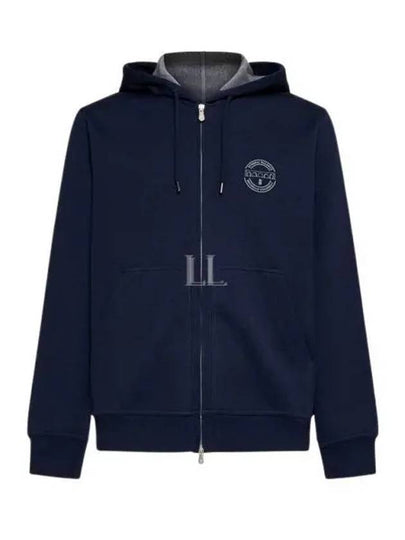 Logo Print Double Fleece Zip Up Hoodie Dark Blue - BRUNELLO CUCINELLI - BALAAN 2