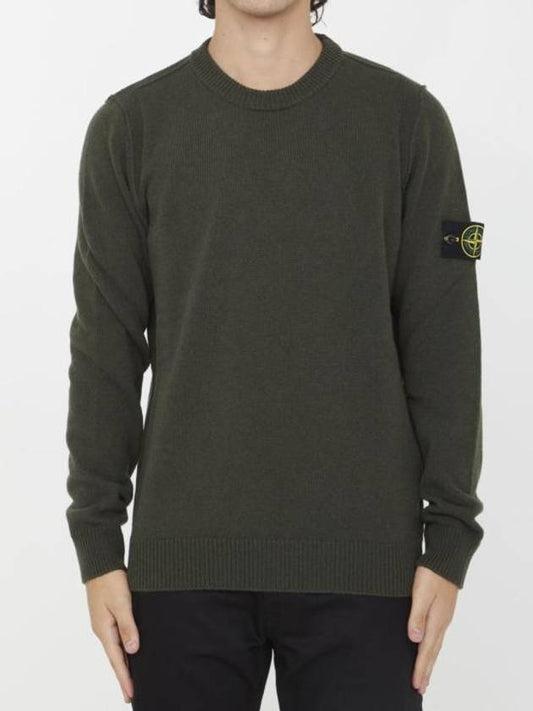 Logo Patch Crew Neck Wool Knit Top Khaiki - STONE ISLAND - BALAAN 1