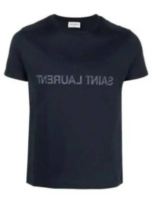 Reverse Logo Print Cotton Short Sleeve T-Shirt Navy - SAINT LAURENT - BALAAN 2