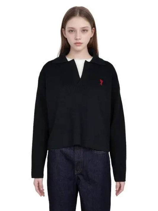 Small Heart Long Sleeve Polo Shirt Black - AMI - BALAAN 2