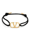 V Logo Plaque Leather Bracelet Black - VALENTINO - BALAAN 3