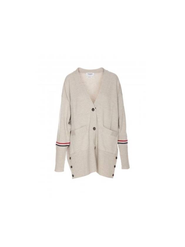 Merino Wool Stripe Exaggerated V-Neck Cardigan Neutrals - THOM BROWNE - BALAAN 1