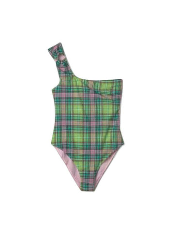 Women's Plaid Check Bottom One Shoulder One-Piece Swimsuit Green - GANNI - BALAAN 1