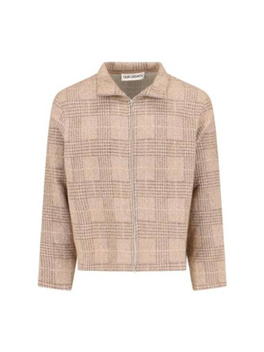 Shrunken Full Zip Polo Houndstooth Check Knit Top Beige - OUR LEGACY - BALAAN 1