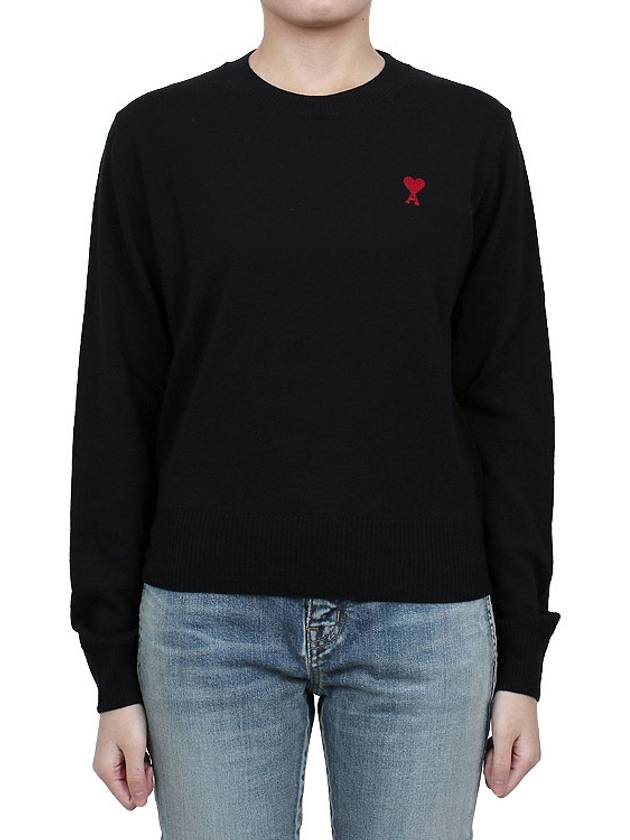 Heart Logo Crew Neck Merino Wool Knit Top Black - AMI - BALAAN 3