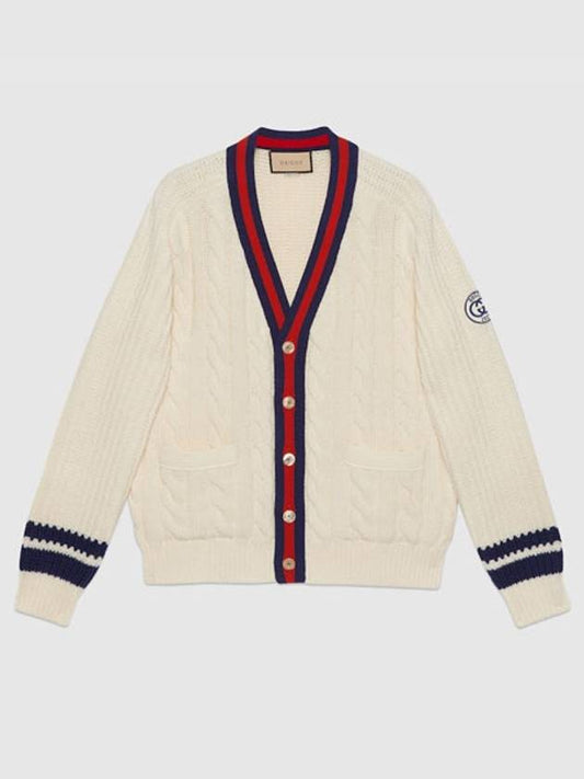 logo stripe trim cable knit zip-up cardigan ivory - GUCCI - BALAAN 2