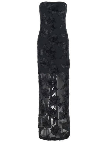 'Albertina' Black Long Strapless Dress With All-Over Floral Embroidery In Tech Fabric Stretch Woman - ROTATE - BALAAN 1