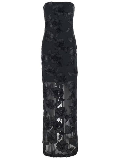 'Albertina' Black Long Strapless Dress With All-Over Floral Embroidery In Tech Fabric Stretch Woman - ROTATE - BALAAN 1