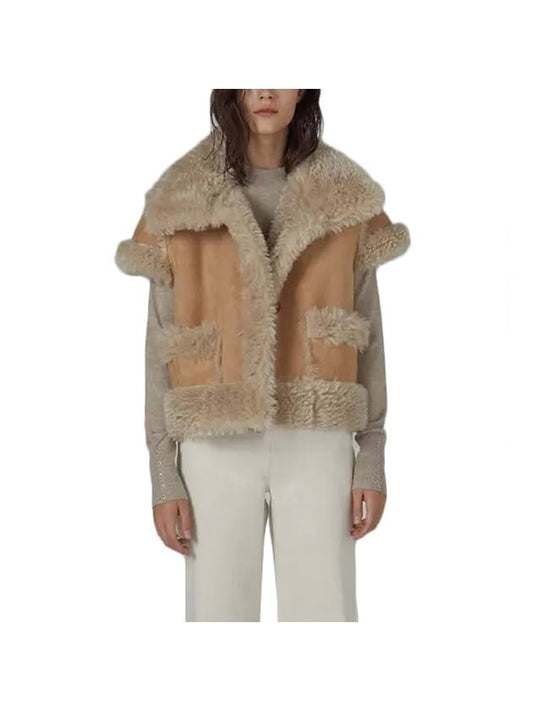 Women's Half Cap Sleeve Reversible Double-sided Fur Mustang Jacket Beige - ARIFF - BALAAN 1