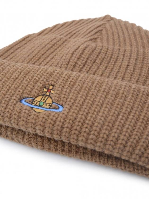 ORB Embroidered Logo Ribbed Knit Beanie Camel - VIVIENNE WESTWOOD - BALAAN 3