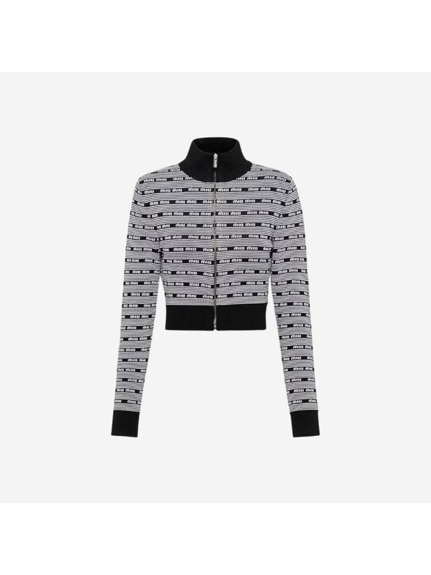 Striped Logo Viscose Turtleneck Cardigan Black White - MIU MIU - BALAAN 1