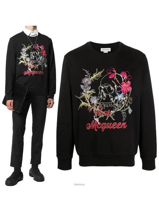 Men's Floral Embroidery Sweatshirt Black - ALEXANDER MCQUEEN - BALAAN.