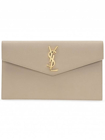 Uptown Grain de Poudre Embossed Leather Clutch Bag Dark Beige - SAINT LAURENT - BALAAN 1