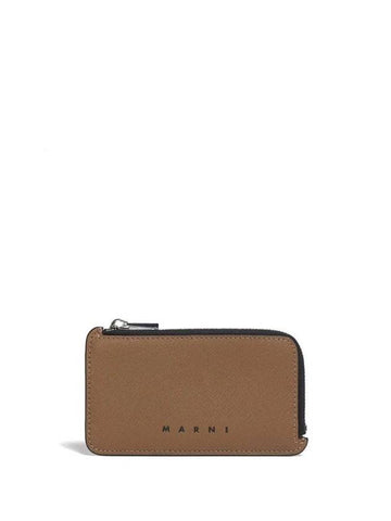 Engraved Logo Zippered Leather Card Wallet Brown - MARNI - BALAAN 1