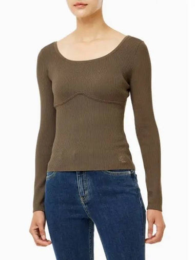 Jeans Rib Long Sleeve Knit Top Brown - CALVIN KLEIN - BALAAN 1