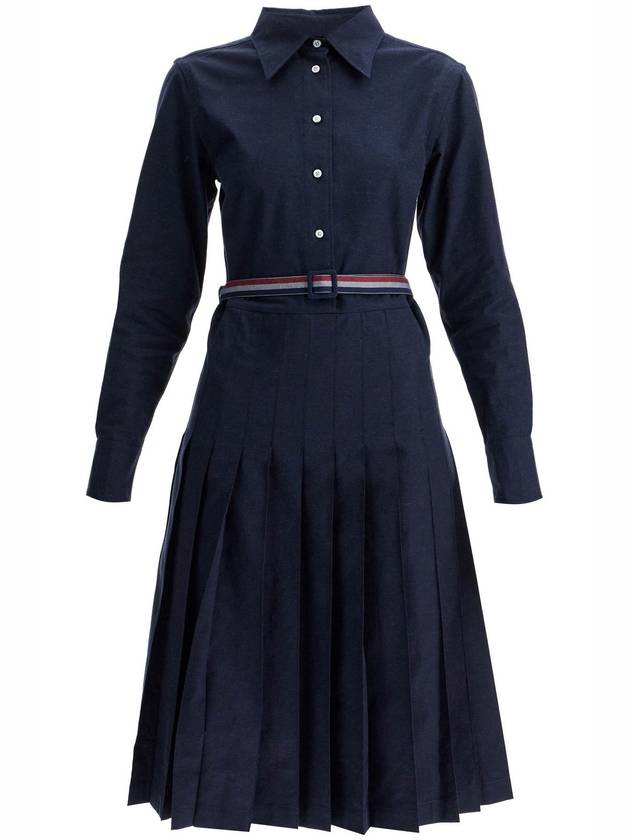 Stripe Flannel Pleated Bottom Belted Cotton Midi Dress Navy - THOM BROWNE - BALAAN 2