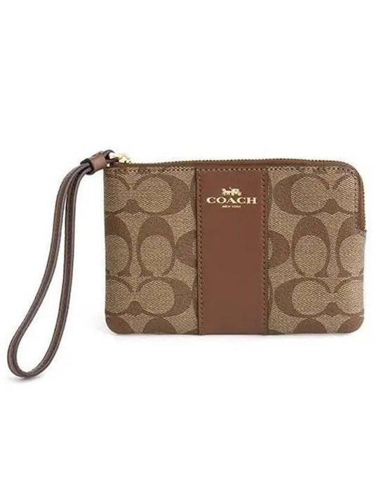 Corner Zipper Wristlet Signature Canvas Clutch Bag Brown - COACH - BALAAN 1