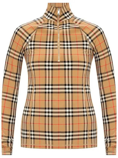 Women's Check Stretch Jersey Half Zip Up Long Sleeve T-Shirt Beige - BURBERRY - BALAAN 1