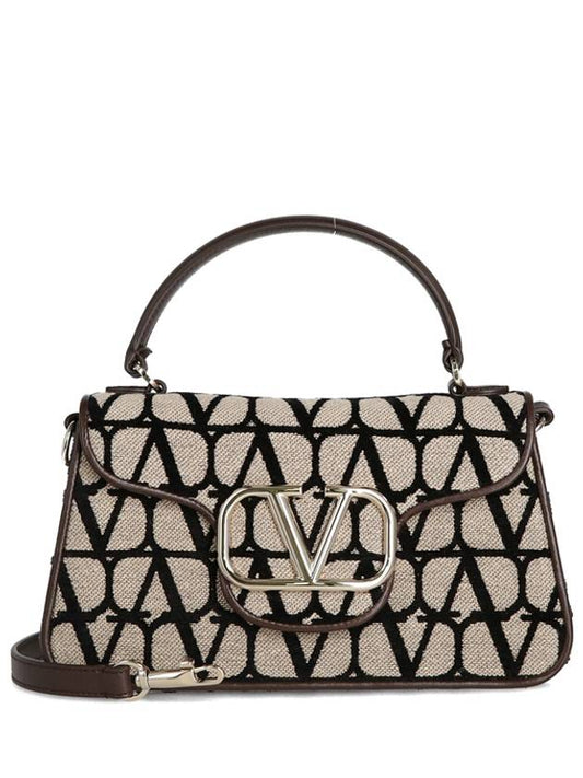 V Logo Signature Iconograph Canvas Leather Tote Bag Beige - VALENTINO - BALAAN.