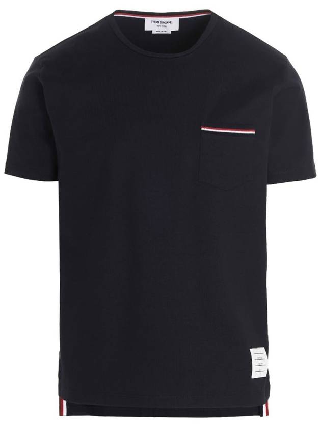 Men's Medium Weight Jersey Tipped Pocket Crewneck Short Short Sleeve T-Shirt Navy - THOM BROWNE - BALAAN 2