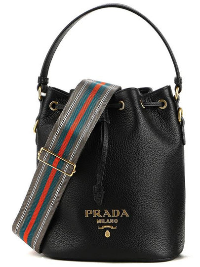 Vitello Phoenix Gold Plated Logo Leather Bucket Bag Black - PRADA - BALAAN 2