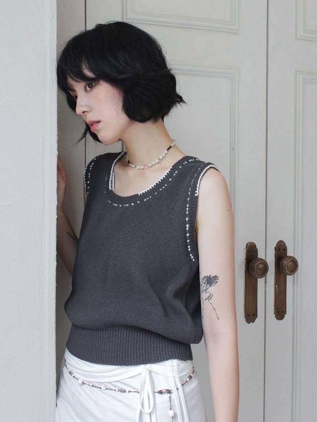 Linen Knit Vest Stitched by Hand CHARCOAL women s top - RUBATI - BALAAN 4