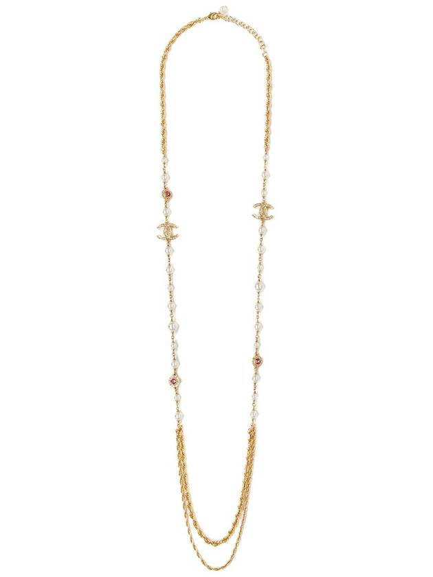 Gold Pink CC Crystal Pearl Necklace ABA044 - CHANEL - BALAAN 1