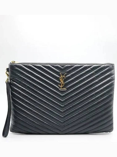 440222 Black color chevron quilted matelass YSL monogram clutch - SAINT LAURENT - BALAAN 1