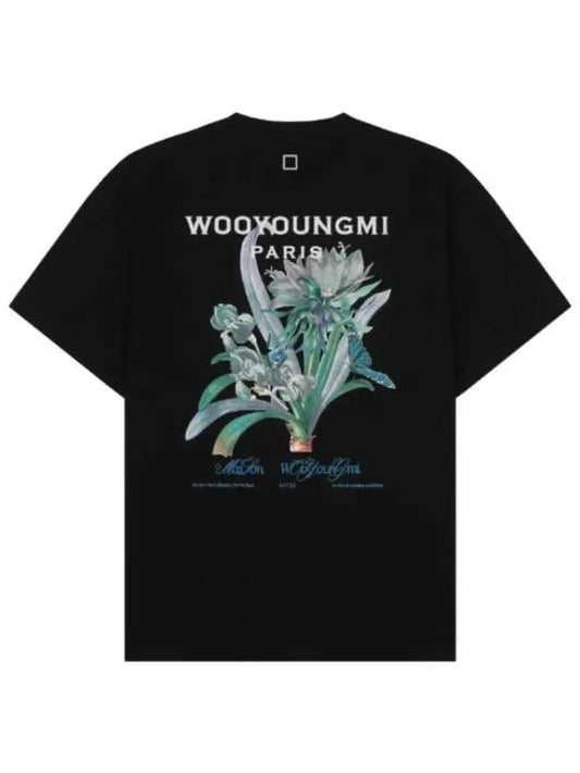 Flower Printing Back Logo Round Short Sleeve T-Shirt Black - WOOYOUNGMI - BALAAN 2