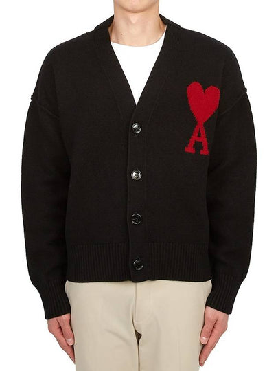 Heart Logo V Neck Wool Cardigan Black - AMI - BALAAN 2