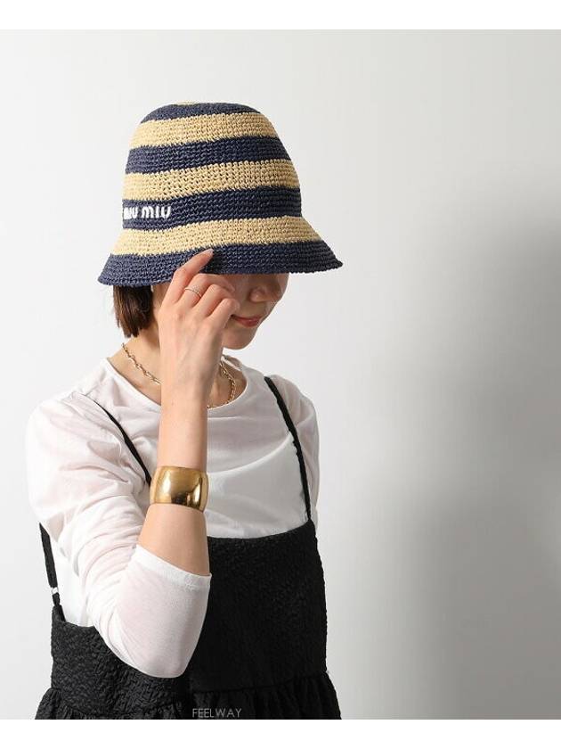 Logo Striped Woven Fabric Bucket Hat Blue Beige - MIU MIU - BALAAN 5